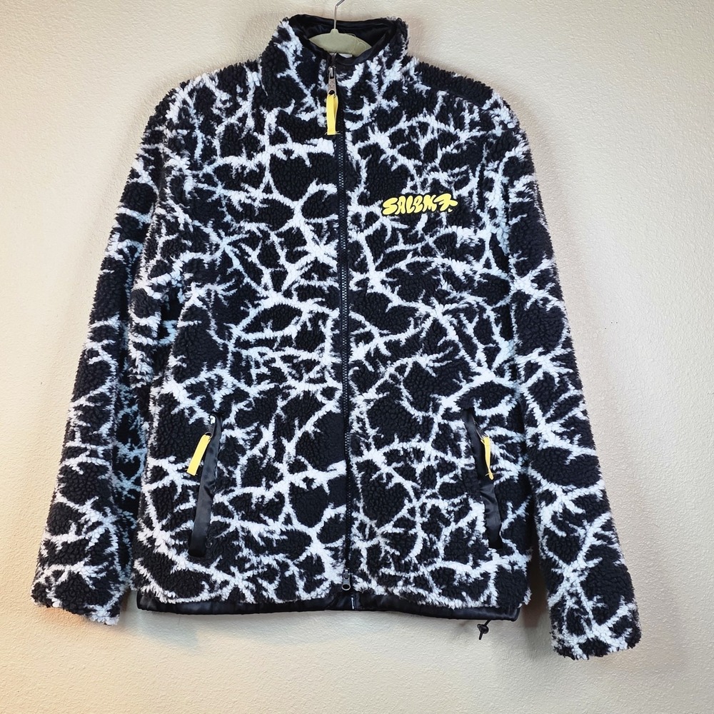 Salem7 Thorny Black Sherpa Fleece Jacket Full Zip Size Small Unisex Black White